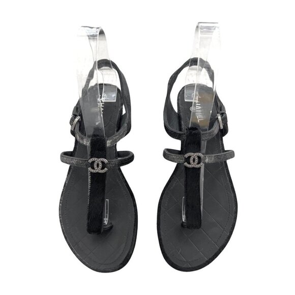 Chanel interlocking CC fur leather black thong sandals size  38 - Picture 1 of 10